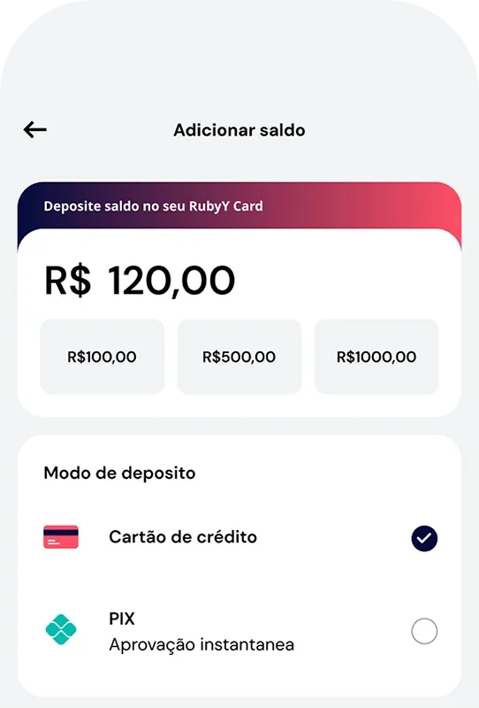 Mockup do App adicionando saldo